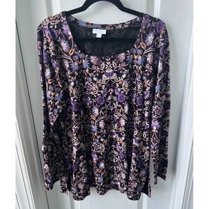 J Jill Womens Tunic Top Purple‎ Multicolor Floral Long Sleeve Pullover Size M